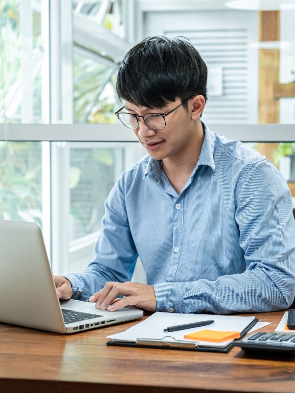 Businessman talking a video conference about financial planning of new business with colleague