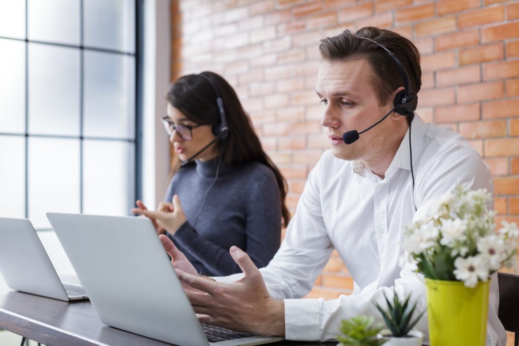 Consultants with online problems. support operator service business representative concept.