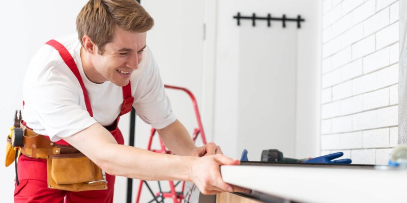 craftsman installs hob in kitchen. Household Appliance Installation Services Concept.