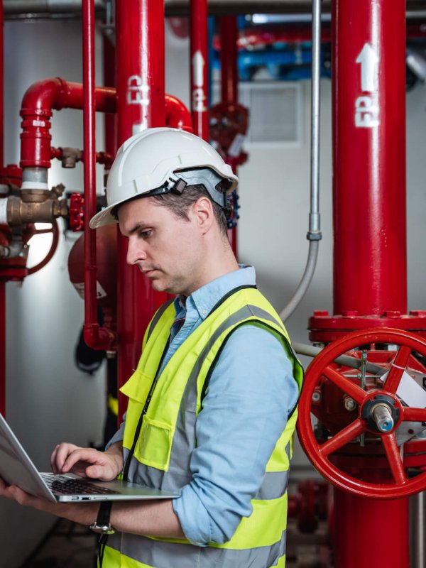 Engineers inspecting the inside plumbing and water valves of an industrial facility.