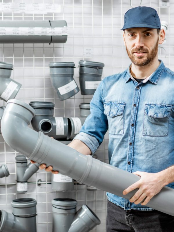 Man choosing pipes in the plumbing shop