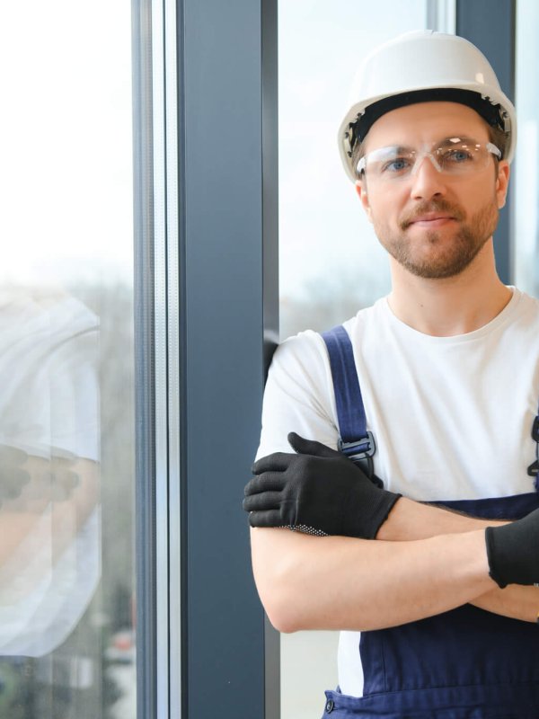 Worker using bubble level after plastic window installation indoors