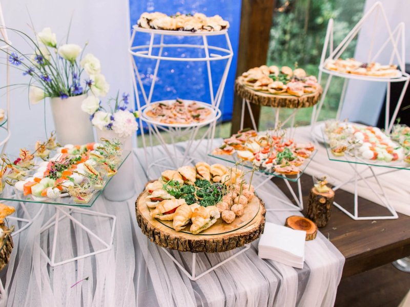 Catering buffet and rustic decor, outdoor wedding party with healthy food snacks