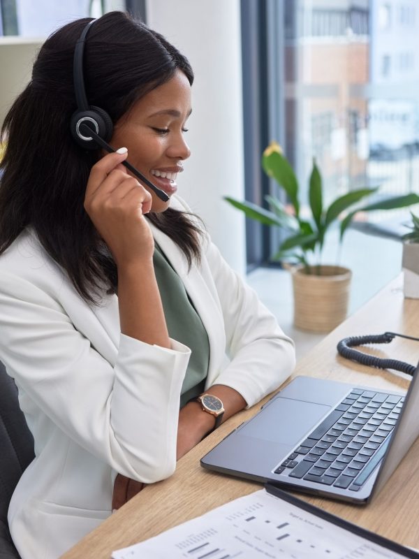 Virtual assistant, call center woman and laptop for communication, telemarketing or consulting in o