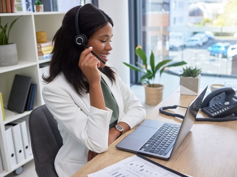 Virtual assistant, call center woman and laptop for communication, telemarketing or consulting in o