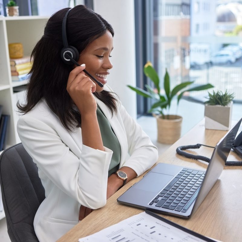 Virtual assistant, call center woman and laptop for communication, telemarketing or consulting in o